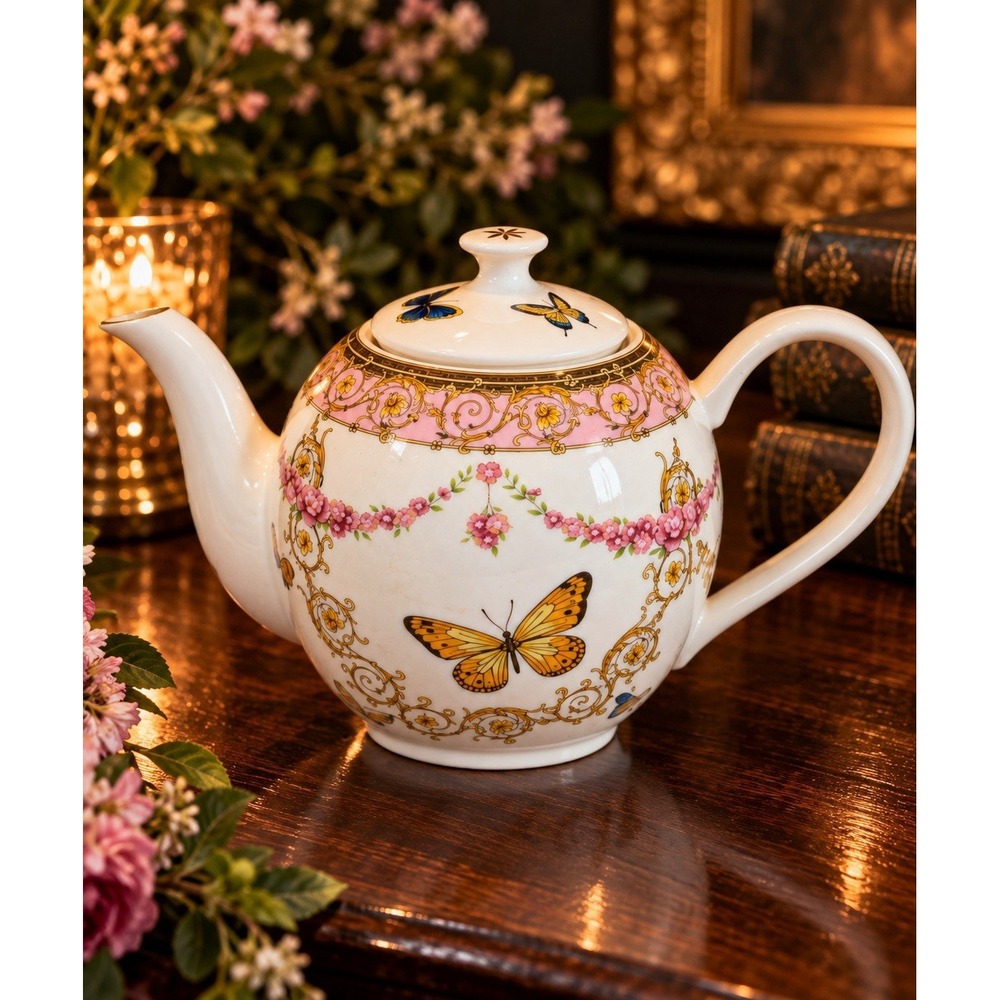 Graceโs Teaware Pink Butterfly Porcelain Teapot Floral Gold Trim 4 Cup